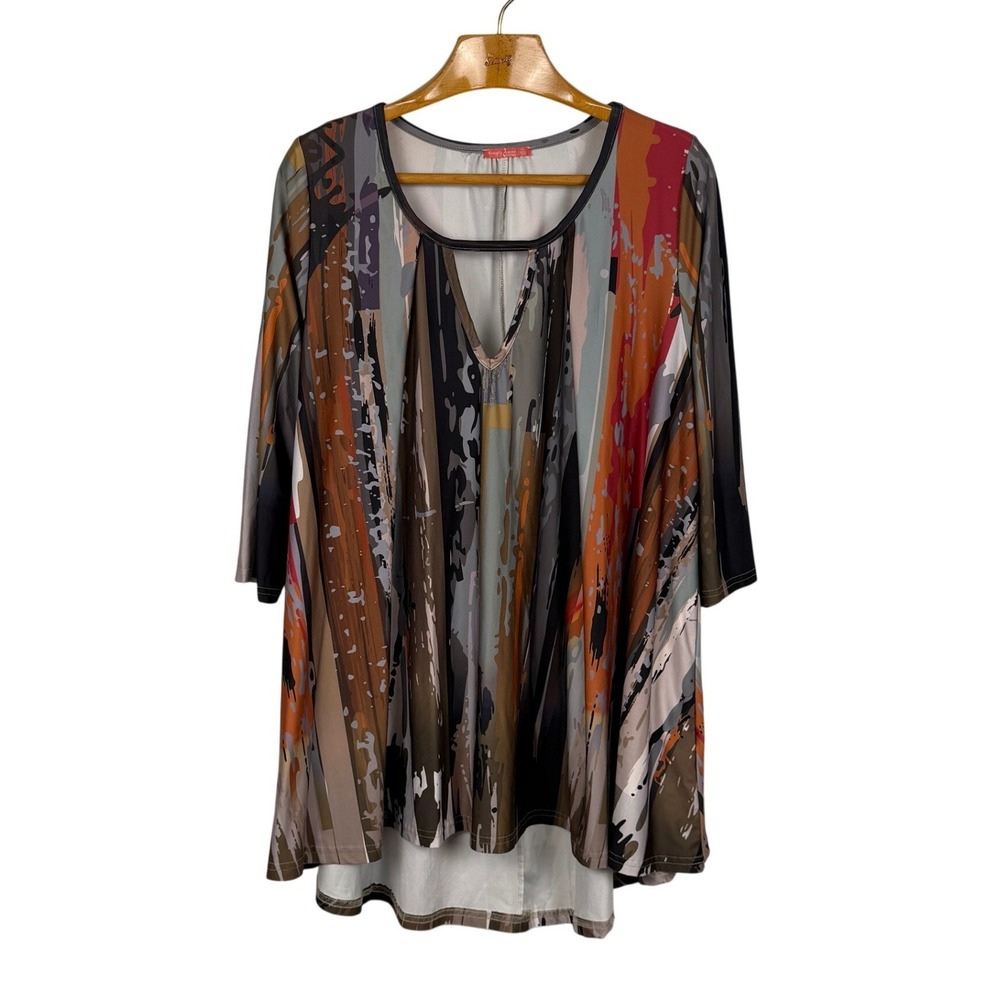 Simply Aster Womens XL Abstract Swing Tunic Keyhole 3/4‎ Sleeve Stretch Top